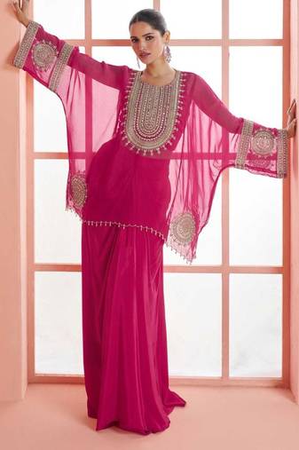 

pink chinnon silk poncho palazzo with zari thread motif and sequin work plus detailed border-Full Stitched free size