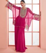

pink chinnon silk poncho palazzo with zari thread motif and sequin work plus detailed border-Full Stitched free size