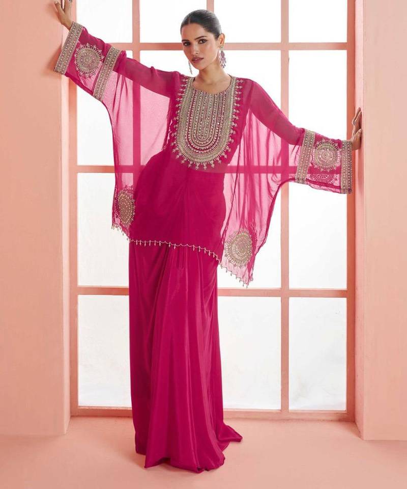 

pink chinnon silk poncho palazzo with zari thread motif and sequin work plus detailed border-Full Stitched free size