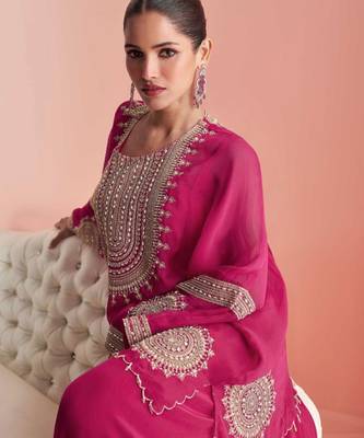 

pink chinnon silk poncho palazzo with zari thread motif and sequin work plus detailed border-Full Stitched free size 2