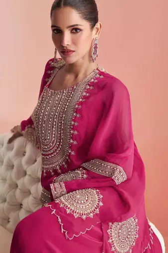 

pink chinnon silk poncho palazzo with zari thread motif and sequin work plus detailed border-Full Stitched free size