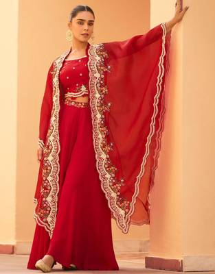 Red chinnon silk crop top palazzo with golden zari thread floral embroidery and sequin-Full Stitched free size 1