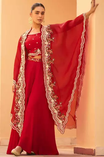 Red chinnon silk crop top palazzo with golden zari thread floral embroidery and sequin-Full Stitched free size