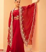 Red chinnon silk crop top palazzo with golden zari thread floral embroidery and sequin-Full Stitched free size