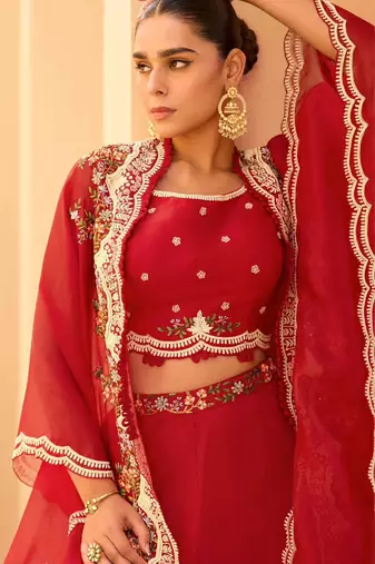 Red chinnon silk crop top palazzo with golden zari thread floral embroidery and sequin-Full Stitched free size