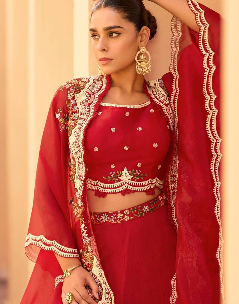Red chinnon silk crop top palazzo with golden zari thread floral embroidery and sequin-Full Stitched free size
