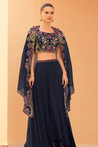 

navy blue chinnon silk crop top palazzo with golden zari thread floral embroidery and sequin-Full Stitched free size