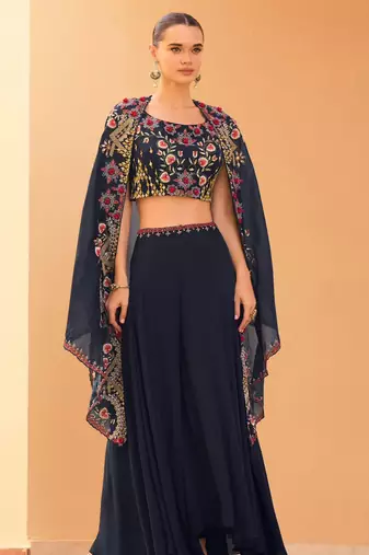 

navy blue chinnon silk crop top palazzo with golden zari thread floral embroidery and sequin-Full Stitched free size