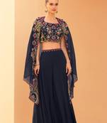 

navy blue chinnon silk crop top palazzo with golden zari thread floral embroidery and sequin-Full Stitched free size