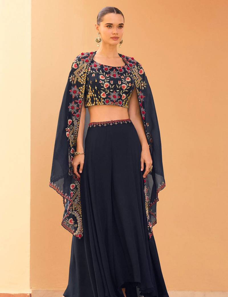 

navy blue chinnon silk crop top palazzo with golden zari thread floral embroidery and sequin-Full Stitched free size