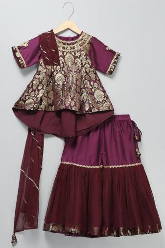 Purple embroidered cotton silk Sharara set
