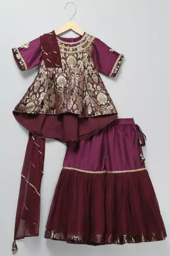 Purple embroidered cotton silk Sharara set