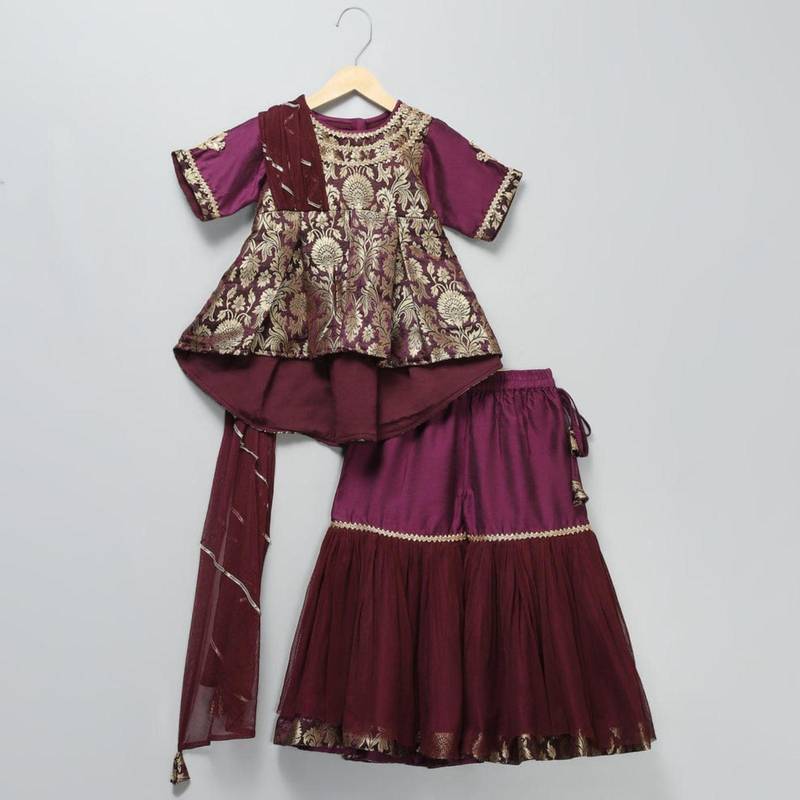 Purple embroidered cotton silk Sharara set