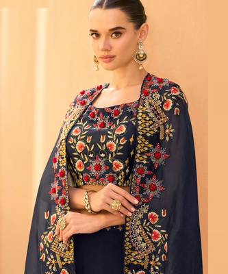 

navy blue chinnon silk crop top palazzo with golden zari thread floral embroidery and sequin-Full Stitched free size 2