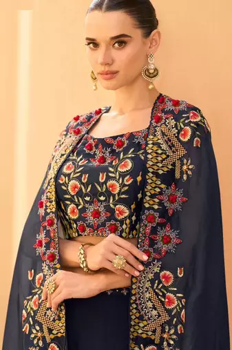 

navy blue chinnon silk crop top palazzo with golden zari thread floral embroidery and sequin-Full Stitched free size