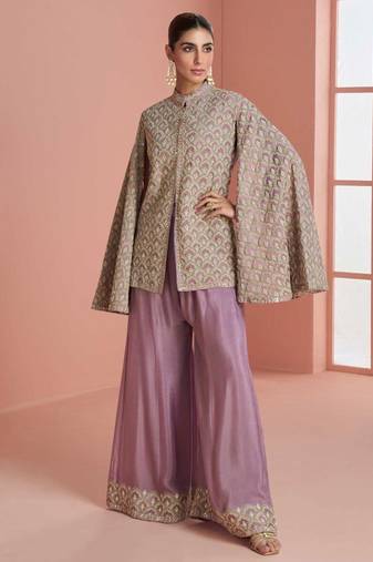 Pastel purple chinnon silk cape-sleeve kurti palazzo with zari thread motif & sequin work-Full Stitched free size