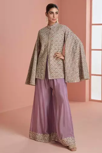 Pastel purple chinnon silk cape-sleeve kurti palazzo with zari thread motif & sequin work-Full Stitched free size