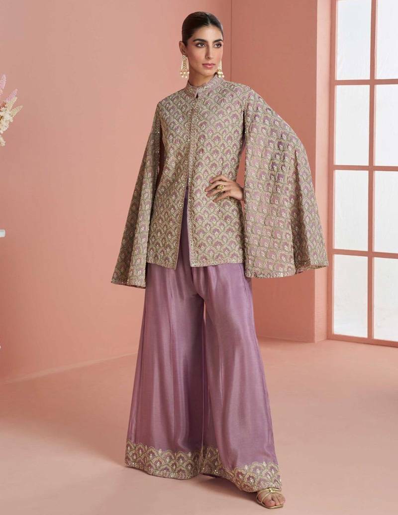 Pastel purple chinnon silk cape-sleeve kurti palazzo with zari thread motif & sequin work-Full Stitched free size