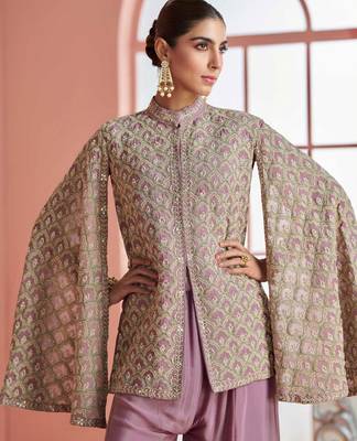 Pastel purple chinnon silk cape-sleeve kurti palazzo with zari thread motif & sequin work-Full Stitched free size 2