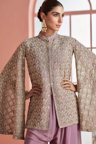 Pastel purple chinnon silk cape-sleeve kurti palazzo with zari thread motif & sequin work-Full Stitched free size