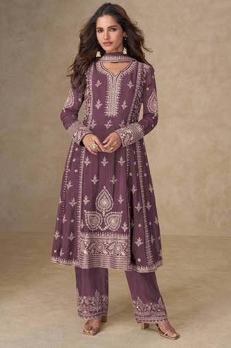 Women onion embriodery sequence work chinion silk semi-stitched salwar suit