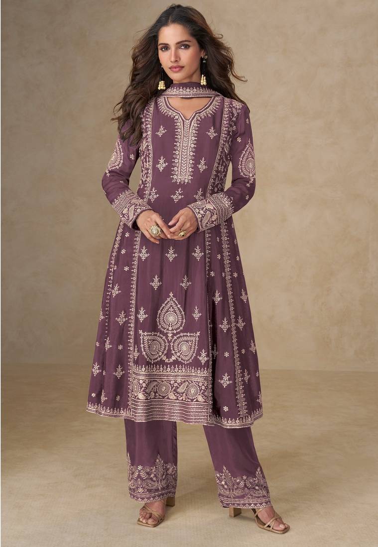 Women onion embriodery sequence work chinion silk semi-stitched salwar suit