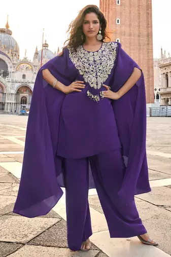 

purple crepe silk long sleeve top palazzo with thread-zari embroidery beads stones & sequins-Full Stitched free size
