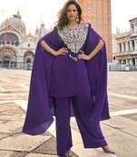 

purple crepe silk long sleeve top palazzo with thread-zari embroidery beads stones & sequins-Full Stitched free size