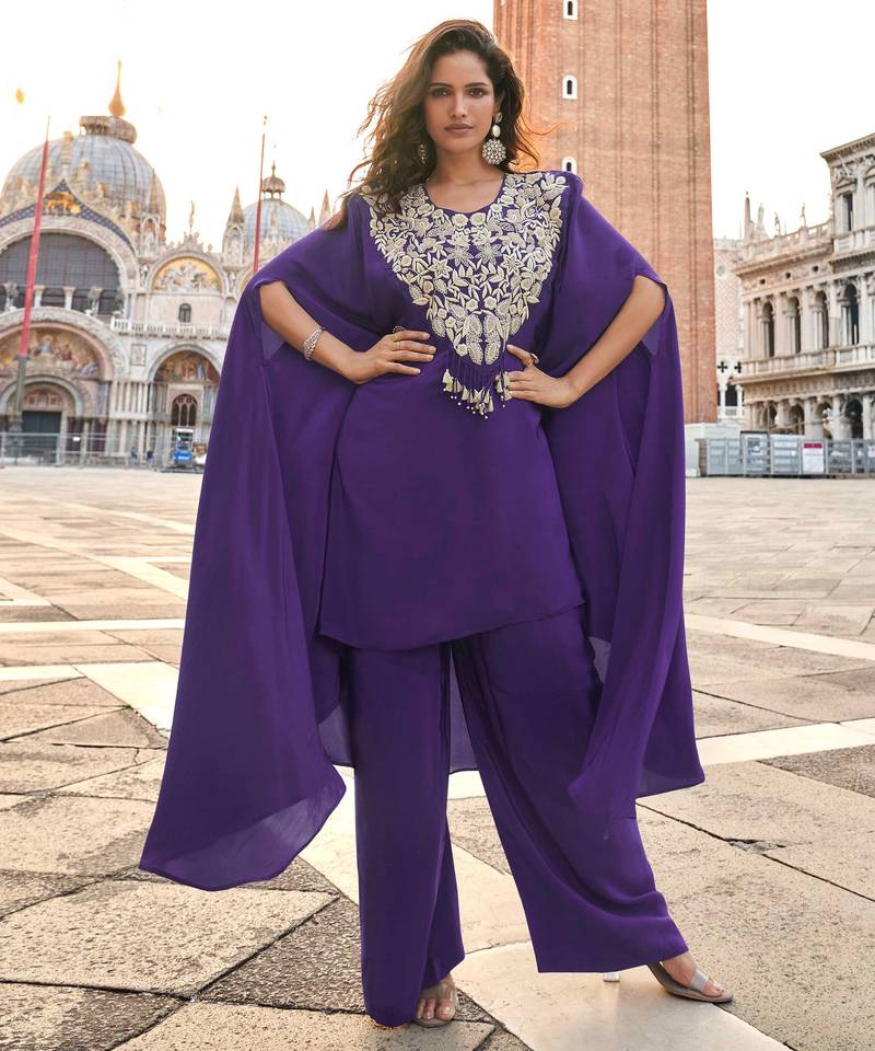 

purple crepe silk long sleeve top palazzo with thread-zari embroidery beads stones & sequins-Full Stitched free size