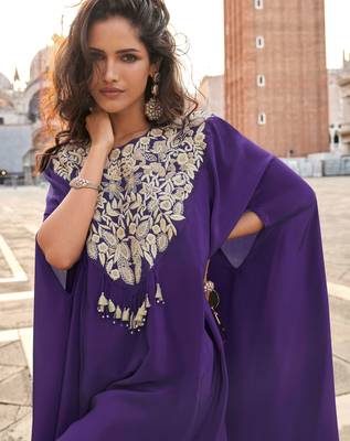 

purple crepe silk long sleeve top palazzo with thread-zari embroidery beads stones & sequins-Full Stitched free size 2