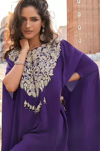 

purple crepe silk long sleeve top palazzo with thread-zari embroidery beads stones & sequins-Full Stitched free size