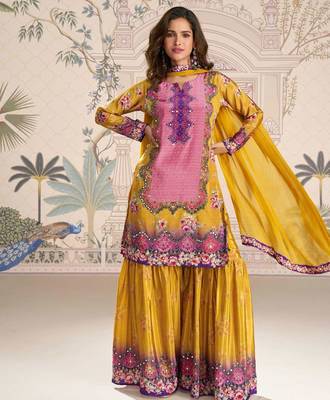 

mustard yellow crepe silk straight top palazzo with embroidery and embellished mirror work-Full Stitched free size 1