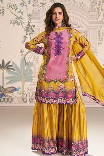

mustard yellow crepe silk straight top palazzo with embroidery and embellished mirror work-Full Stitched free size