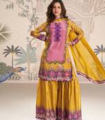 

mustard yellow crepe silk straight top palazzo with embroidery and embellished mirror work-Full Stitched free size