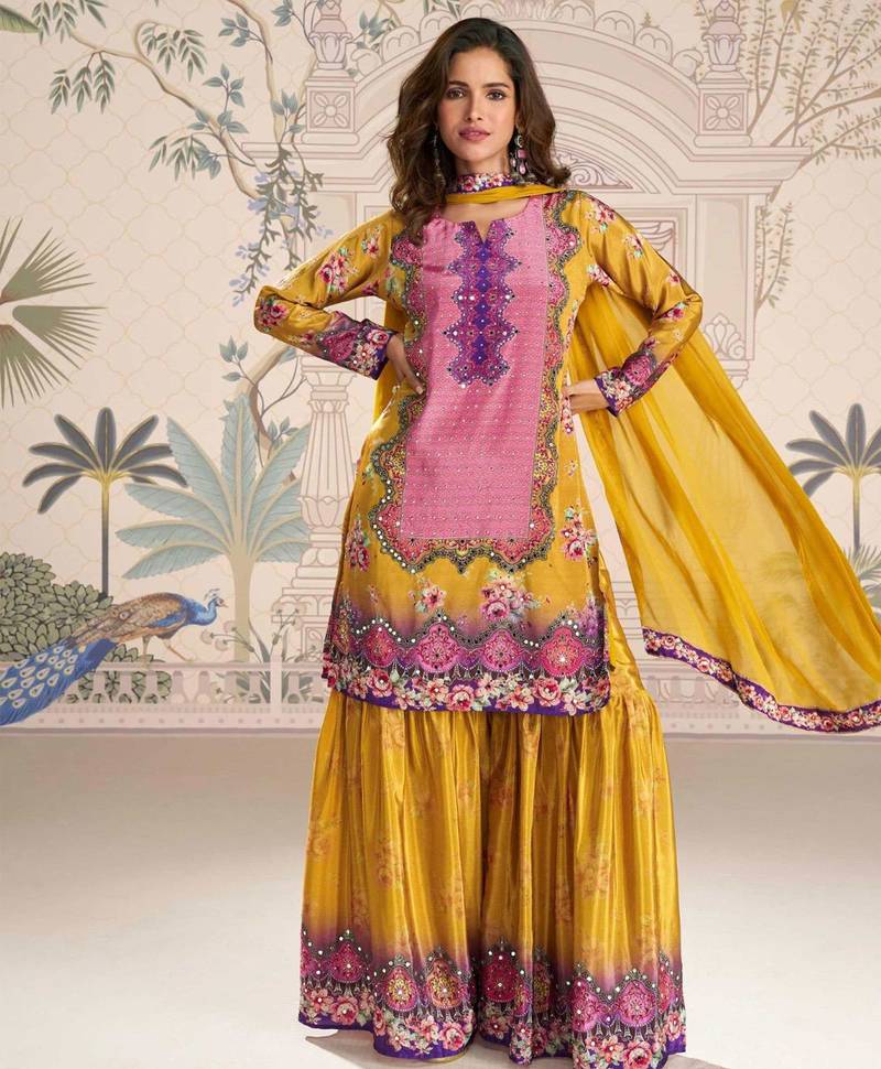 

mustard yellow crepe silk straight top palazzo with embroidery and embellished mirror work-Full Stitched free size