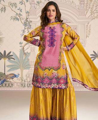 

mustard yellow crepe silk straight top palazzo with embroidery and embellished mirror work-Full Stitched free size 2