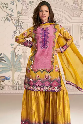 

mustard yellow crepe silk straight top palazzo with embroidery and embellished mirror work-Full Stitched free size