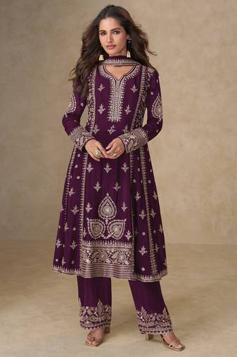Women wine embriodery sequence work chinion silk semi-stitched salwar suit