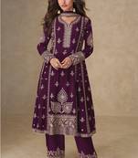 Women wine embriodery sequence work chinion silk semi-stitched salwar suit