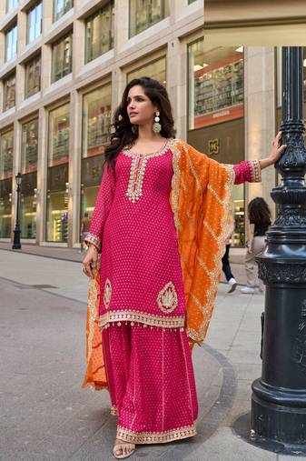 Pink viscose simmar straight kurta pant suit with heavy golden zari embroidery and sequin work - Full Stitched free size