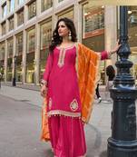 Pink viscose simmar straight kurta pant suit with heavy golden zari embroidery and sequin work - Full Stitched free size