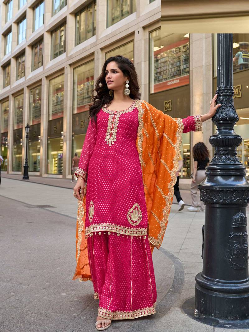 Pink viscose simmar straight kurta pant suit with heavy golden zari embroidery and sequin work - Full Stitched free size