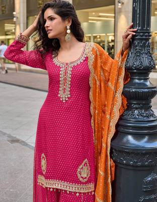 Pink viscose simmar straight kurta pant suit with heavy golden zari embroidery and sequin work - Full Stitched free size 2