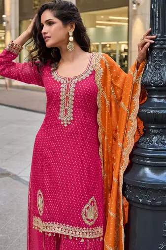 Pink viscose simmar straight kurta pant suit with heavy golden zari embroidery and sequin work - Full Stitched free size