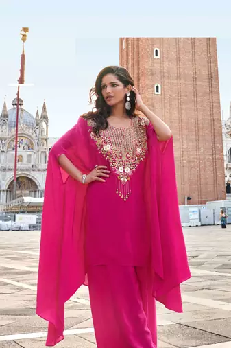 rani pink crepe silk long sleeve top palazzo with thread-zari embroidery, beads, stones & sequins 42")