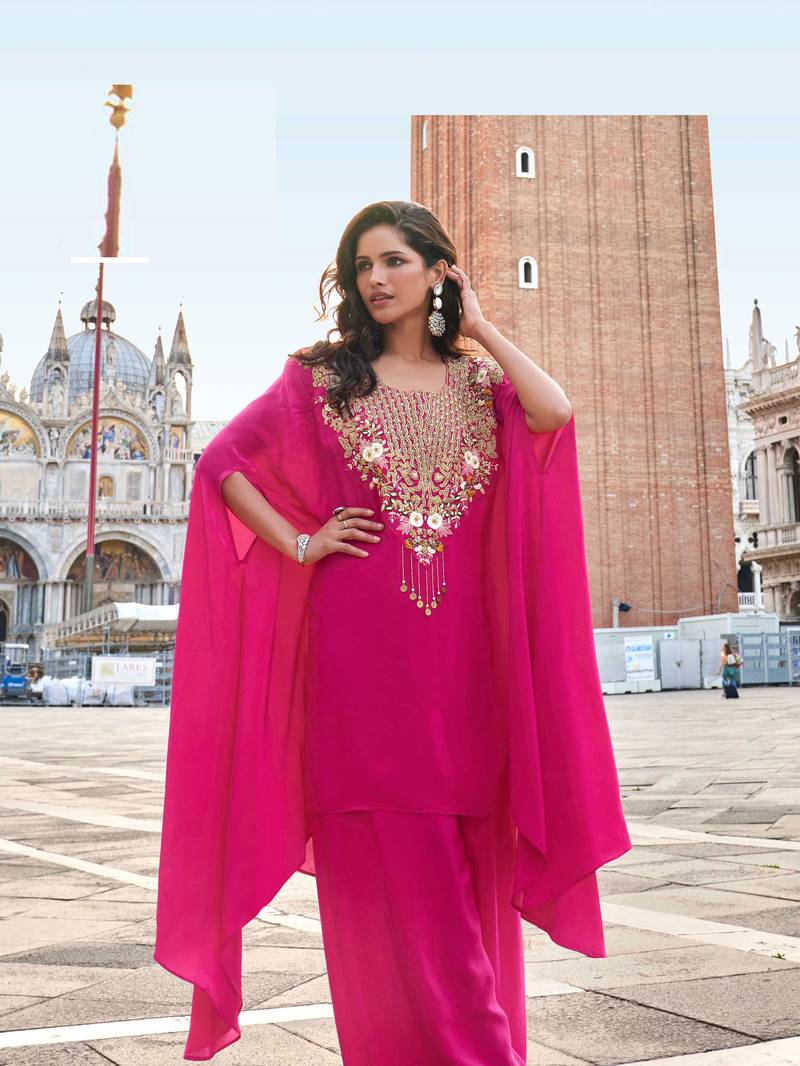 rani pink crepe silk long sleeve top palazzo with thread-zari embroidery, beads, stones & sequins 42")