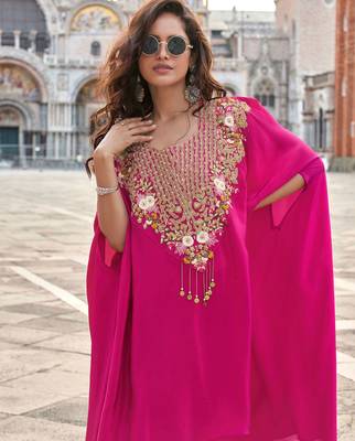 rani pink crepe silk long sleeve top palazzo with thread-zari embroidery, beads, stones & sequins 42") 2