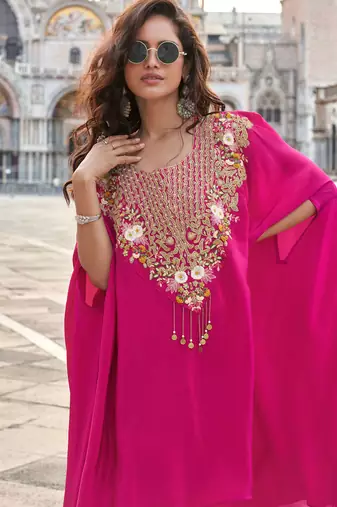 rani pink crepe silk long sleeve top palazzo with thread-zari embroidery, beads, stones & sequins 42")