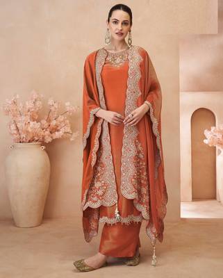 

orange simmar silk straight top palazzo with thread sequin and stone embroidery detailing - Full Stitched free size 1