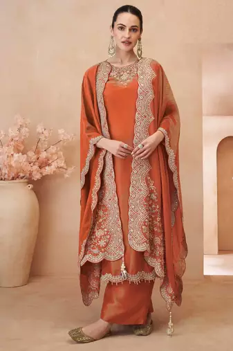 

orange simmar silk straight top palazzo with thread sequin and stone embroidery detailing - Full Stitched free size